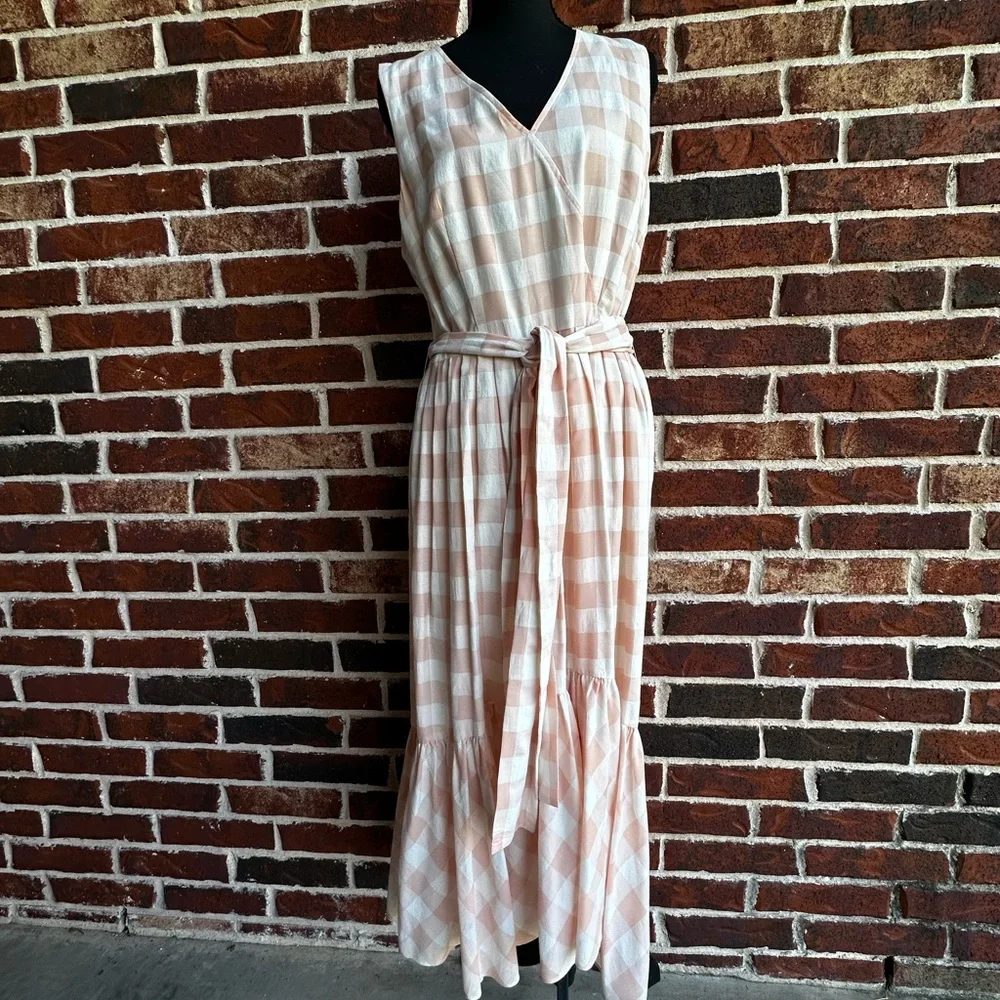 ANTONIO MELANI Peach & White Checked Sleeveless Maxi Dress with Waist Tie - Picture 1 of 5